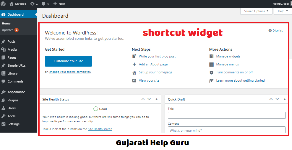 wordpress dashboard shortcut widgets