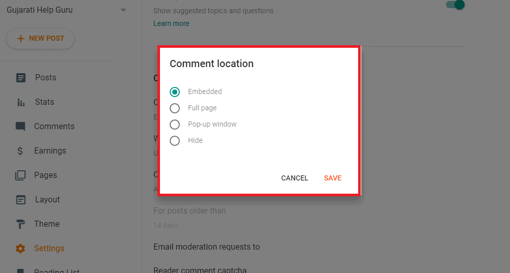 Comment Location Settings
